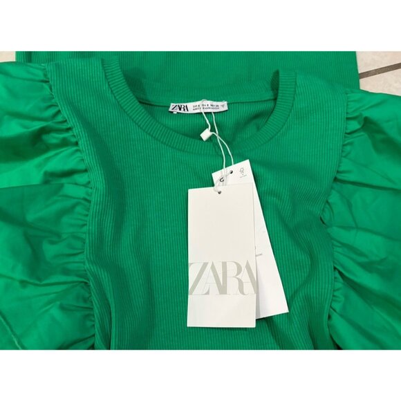 NWT Zara Dress Women’s Size S Small Ruffle Puff Sleeve Mini Body Con Green - Picture 9 of 9